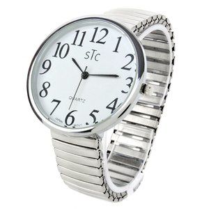 STC Silver Super Large Face Easy to Read Stretch Band Watch NIB